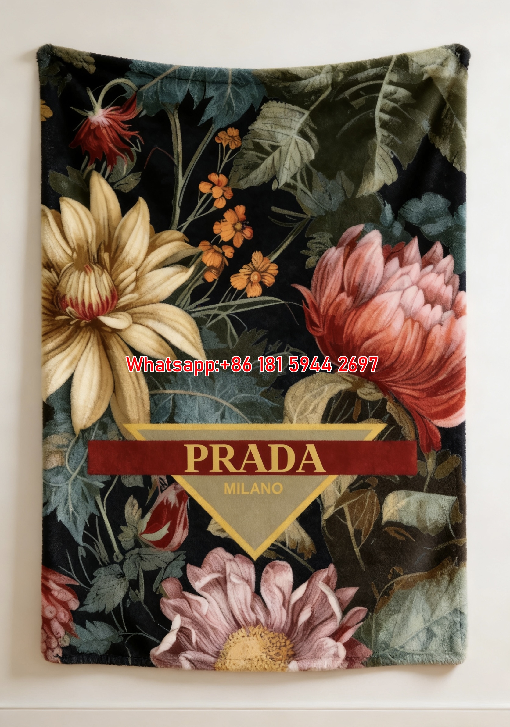 Prada Milano Vintage Floral Print Dark Green Red Gold Flannel Throw Blanket Luxury Designer Printed Sofa Cover Blanket IMG_2649